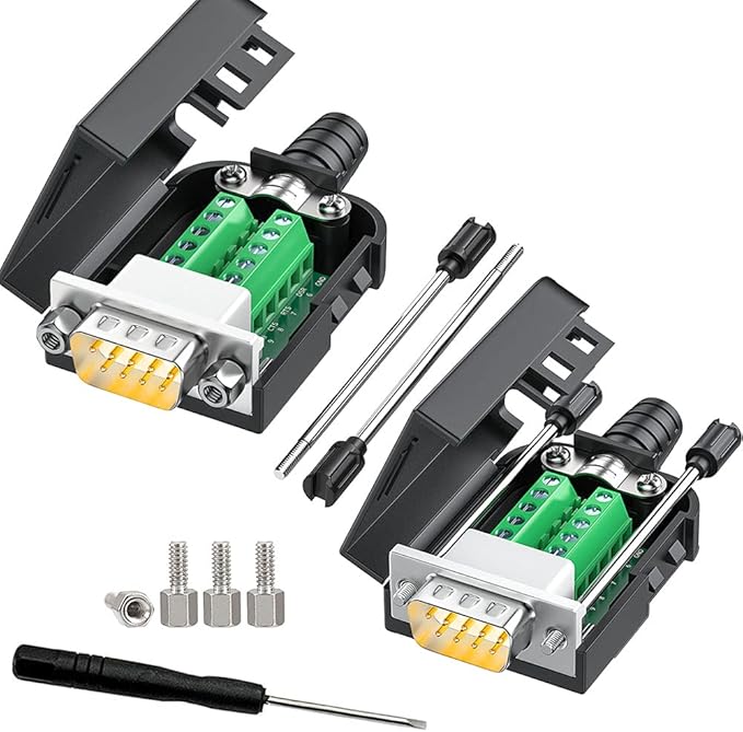 2PCS DB9 Breakout Connector DB-9 Male adapters,9 PIN RS232 RS485 Adapter to Wiring Terminal,No Soldering Needed DB9 Serial connectors with Bolts Nuts Tail Pipes and Screwdriver, Easy to use
