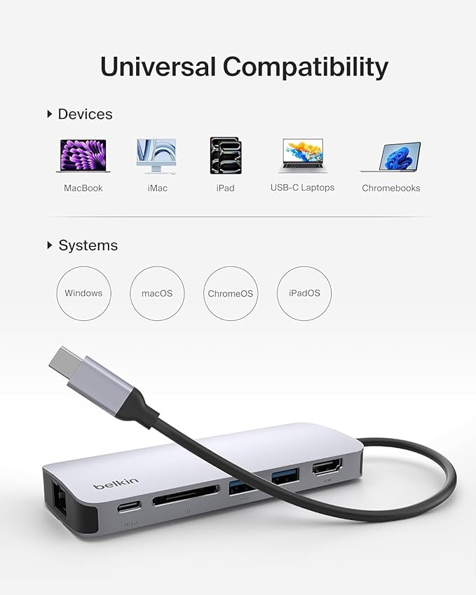 Belkin USB-C Hub - 6-in-1 Multi-Port Adapter Dock with 4K HDMI, USB-C 100W PD Pass-Through Charging, 2X USB-A Ports, Gigabit Ethernet Ports, and SD Slot for MacBook Pro, Air, iPad, Pro, XPS and More