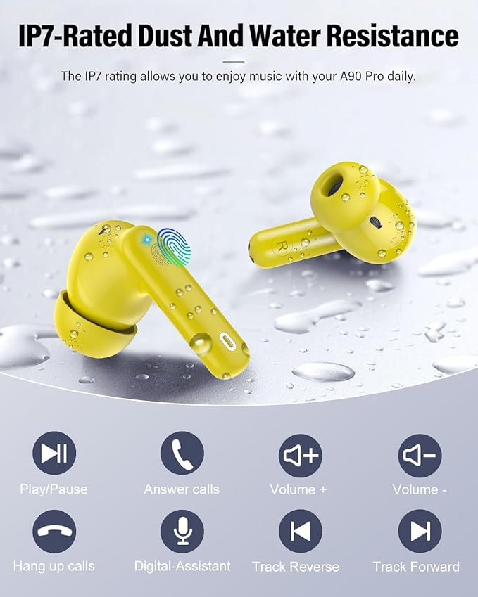 Wireless Earbuds, Bluetooth 5.4 Headphones Bass Stereo, Ear Buds with Noise Cancelling Mic, IP7 Waterproof in Ear Earphones, 36H LED Display Bluetooth Earbuds for Laptop Pad Phones, Golden Yellow