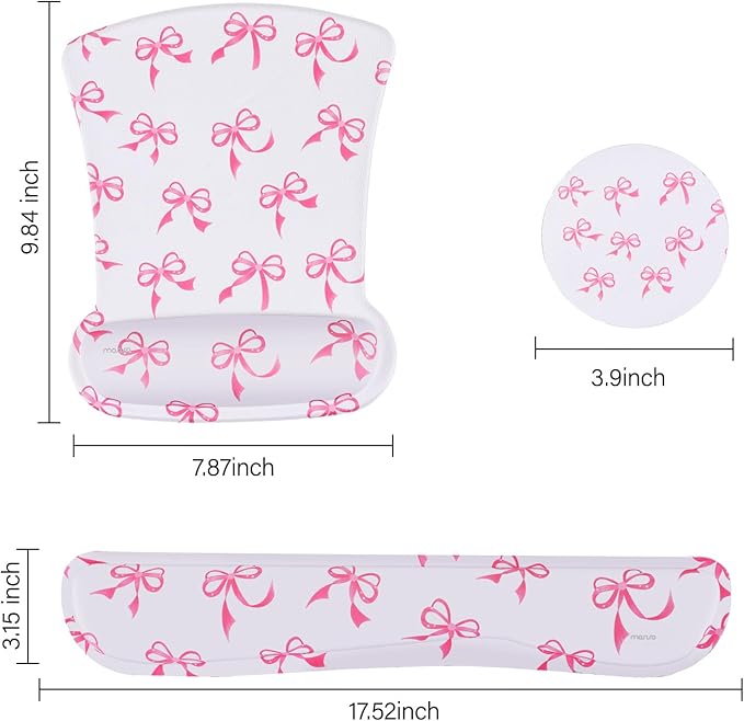 MOSISO Wrist Rest Support for Mouse Pad&Keyboard Set, Pink Bows Ergonomic Mousepad&Coaster Non-Slip Base Home/Office Pain Relief&Easy Typing Cushion with Neoprene Cloth&Raised Memory Foam, White