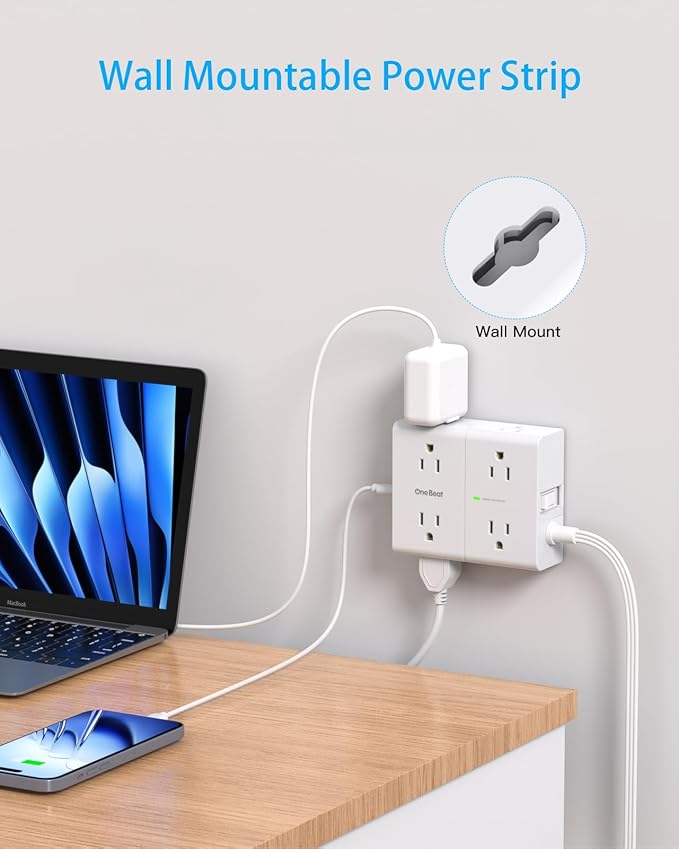 10Ft Extension Cord with Multiple Outlets, Flat Plug Surge Protector Power Strip 10 Ft Long Cord, 8 Outlets & 4 USB Ports (2 USB C), 900J Desk Charging Station for Home Office, College Dorm Essentials