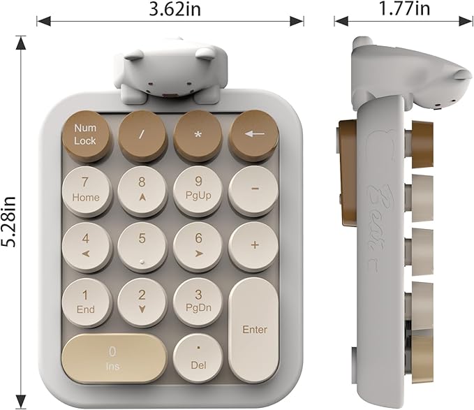 MOFII Cute Colorful Wireless Number Pad with Silicone Cover & Cute Bear Ornament, 2.4GHz Stable Wireless, Financial Accounting Extension (Milk Tea-Colorful)