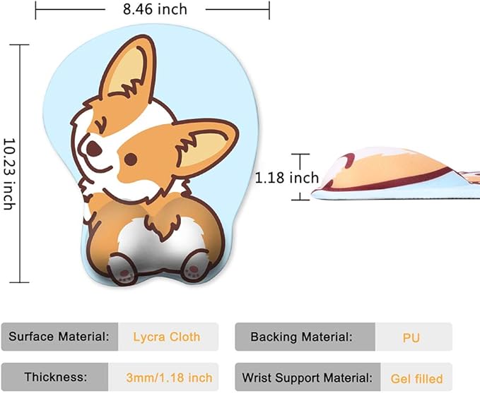 HAOCOO Ergonomic Mouse Pad with Wrist Support,Non-Slip Backing Corgi Anime Cute Gel Mouse Pad Wrist Rest, Easy-Typing and Pain Relief for Gaming Office Computer Laptop(Blue Cute Corgi)