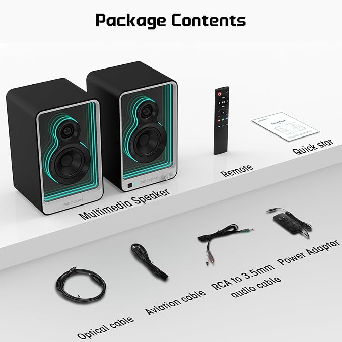 BESTISAN 50W*2 Active Bookshelf Speakers with Dynamic Light Effect, 3" Bass Computer Speakers with ARC/Optical/RCA/BT 5.2/USB/SUB Out Input for Turntable, PC, TV and Phone.