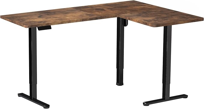 VIVO Corner Standing Desk, 63 x 55 inch Reversible L-Shaped Workstation, Electric Height Adjustment, Home, Office, and Reception Rooms, Rustic Vintage Brown Table Top Black Frame, DESK-E3CTN