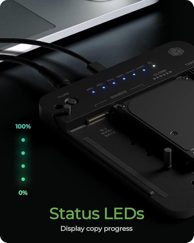 ICY BOX M.2 NVMe & SATA SSD/HDD Docking Station, USB-C 3.2 Gen 2 (10 Gbps) Hard Drive Clone Station & Reader for M.2 NVMe SSD + SATA 2.5”/3.5” SSD & HDD Converter, Offline Cloning, Tool-Free