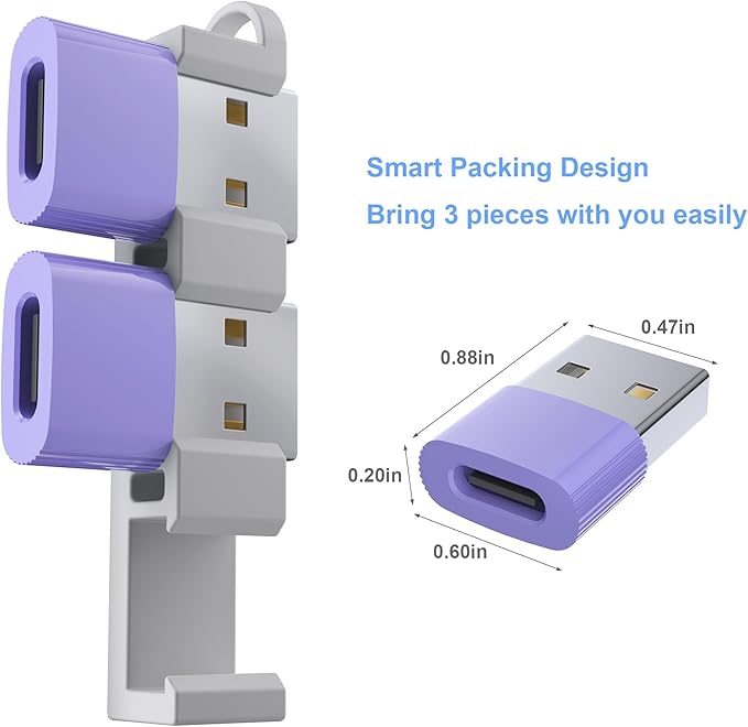 USB to USB C Adapter,3Pack USBC Female to USB A Male with Convenient Carrier, Type C Converter for iPhone 17/16/15/14/13/12, iPad, iWatch, AirPods,Galaxy S25/S24 (Purple)
