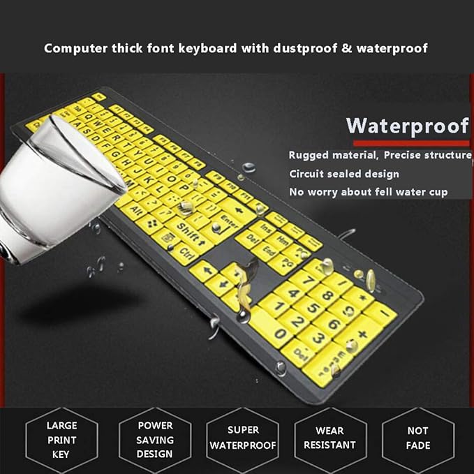 Large Print Computer Keyboard, Wired USB High Contrast Keyboard with Oversized Print Letters for Visually Impaired Low Vision Individuals (Yellow+Black)