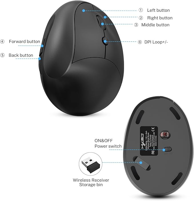 Ergonomic Mouse,Rechargeable Small Vertical Mouse with 6 Buttons Adjustable 800/1200/1600 DPI Purple Wireless Mouse for Laptop, Desktop, PC, MacBook (Black)