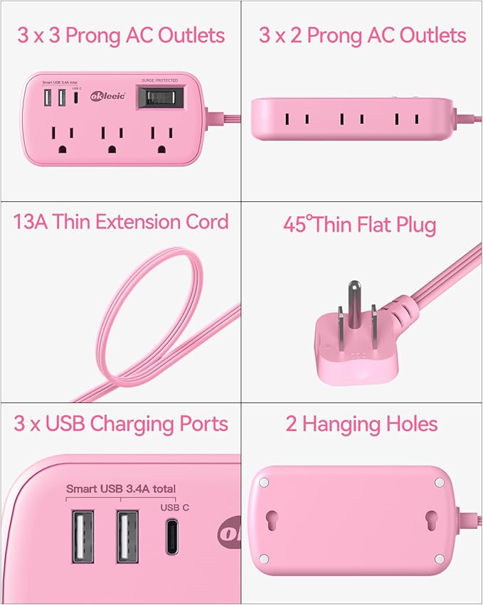 Pink Extension Cord - 5Ft Travel Power Strip with 3 USB(1 USB C) 17W Charging Station and 6 Outlets, Pink Desk Accessories with Surge Protector for Cute Kawaii Gifts College Dorm Desk