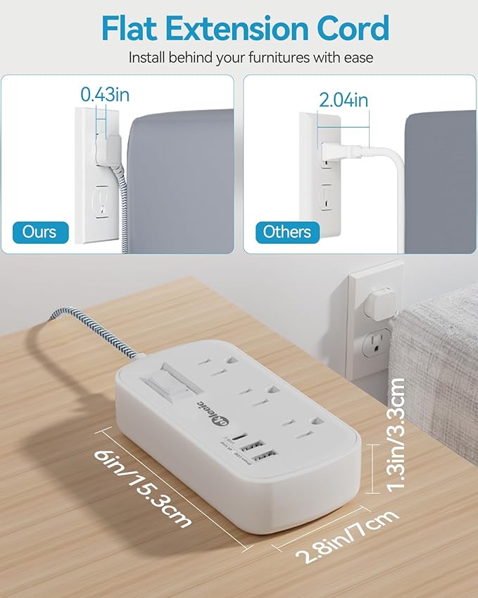 Extension Cord 25 FT Multiple Outlets Surge Protector Power Strip 6AC Outlets 3USB(5V/3.4A 17W), Flat Plug Long Braided Extension Cord, Wall Mountable for Home College Dorm 13A 1625W White
