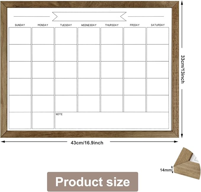 Dry Erase Monthly Calendar Whiteboard, Magnetic Surface White Board for Wall, Office/School/Home, Solid Pine Wood Rustic Brwon Frame Hanging Board & Planning Board, 13"x 17" (YL-RB-3343-B)