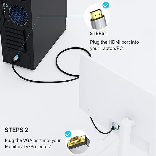 HDMI to VGA Cable 6ft, Adapter Cord with Secure Latch and IC Chip – Plug & Play HDMI to VGA Converter Cable for Monitor, Projector, PC, Laptop, Desktop, Xbox, PS3, 1080P 60Hz