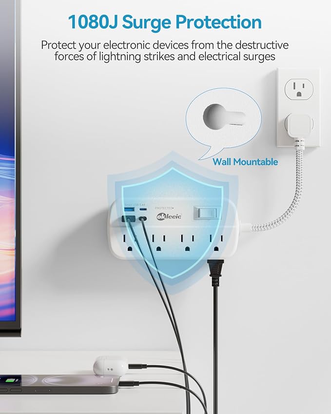Short Extension Cord 1 ft - Flat Plug Power Strip Surge Protetor with 8 Outlets 4 USB (5V/3.4A 17W) Charging Ports, Multi Plug Wall Outlet Splitter for Home Bedroom Hotel Office Desktop Accessories