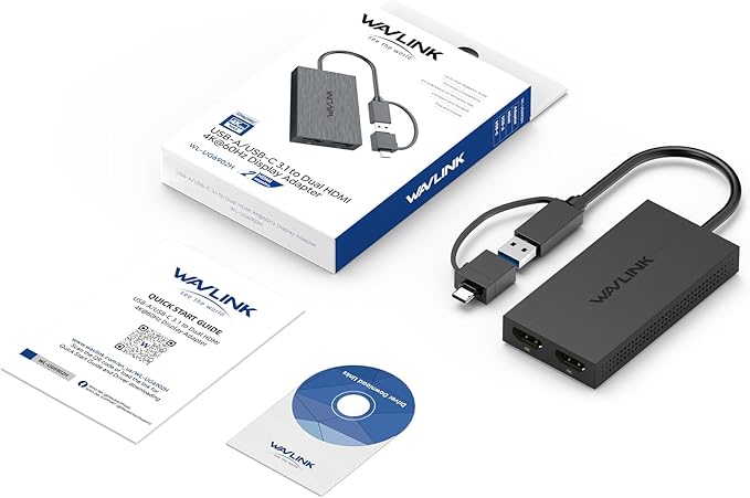 WAVLINK USB 3.0 & USB C to Dual HDMI Adapter 4K@60Hz for 2 Monitors, DisplayLink USB C HDMI Adapter for Dual Monitor, for Mac M1/M2/M3, Windows, ChromeOS, Ubuntu, Android