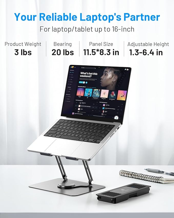 Laptop Cooling Pad with Detachable Fan & Thermoelectric Cooler, Adjustable Height & Angle, 360 Rotation Base, Carbon Steel Framework, Ultra-Quiet & Super Sturdy for up to 15.6” Laptop