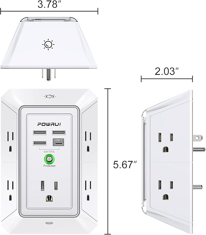 3-Sided Outlet Extender with Night Light - POWRUI Multi Plug Outlet with 5 Outlets and 4 USB Ports(1 USB-C), USB Wall Charger for Home, Office, Travel, ETL Listed, White