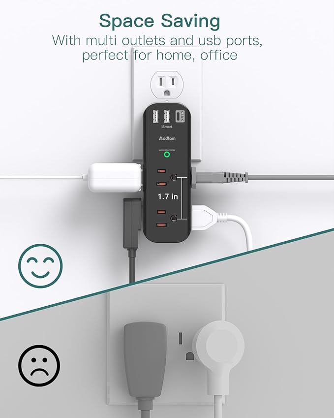 Surge Protector Outlet Extender - with Rotating Plug, 6 AC Multi Plug Outlet with 3 USB Ports, 1800J Wall Charger, 3-Sided Power Strip with Spaced Outlet Splitter for Home, Office, Travel (Black)