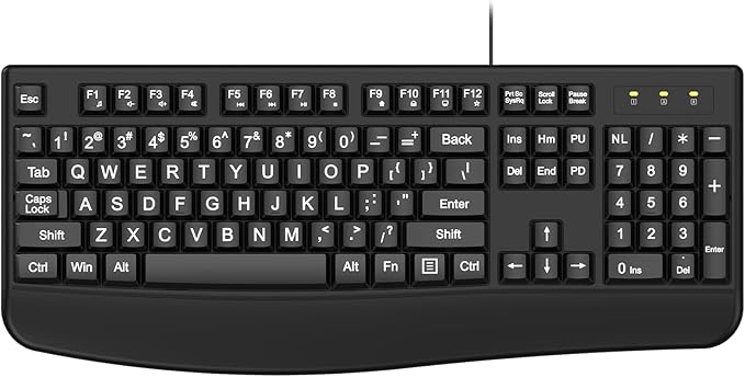 Large Print Ergonomic Keyboard, Full Size Keyboard with Wrist Rest, Silent Wired USB Computer Keyboard Oversized Letter Keys 4X Larger Easy to See & Type for Laptop, PC, Windows, Desktop