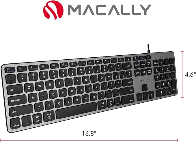 Macally Premium Wired USB C Keyboard with USB Ports - Connect Up to 3 Devices - (2X USB-A |1x USB-C Ports) - Wired Keyboard for Mac Mini/Pro, iMac, Macbook, iPad, and PC - Full Size Type-C Keyboard