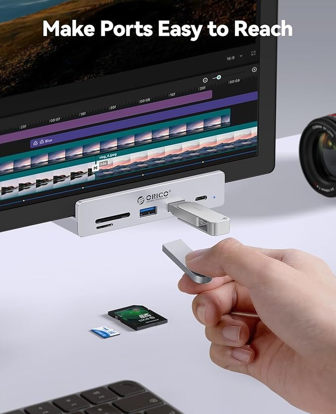 ORICO USB Hub 3.2, Clamp USB-Hub with Extra Power Supply Port, 10Gbps Aluminum 5-Port USB Extender with 2 USB-A 3.2 Ports, USB-C 3.2, SD/TF Card Reader 3.0, USB-3.2 Splitter for Monitor, Desk