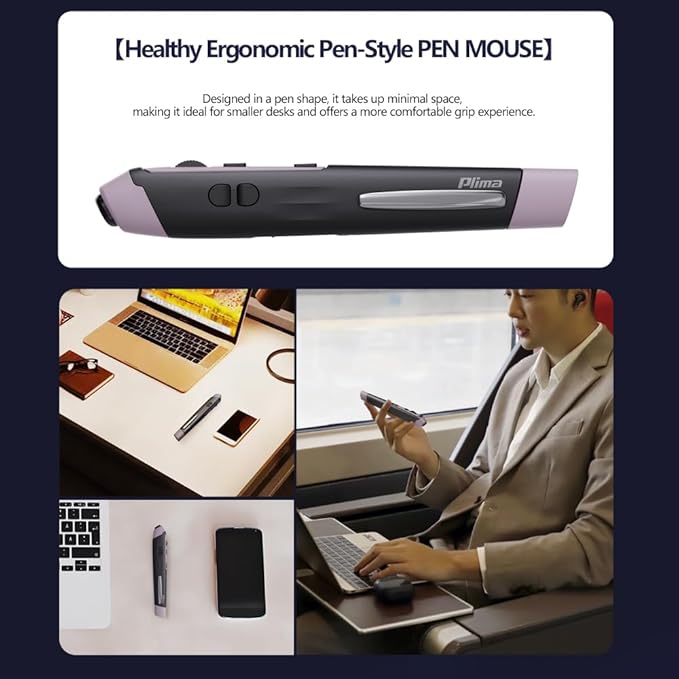 Plima Ergonomic Pen Mouse 2.0 - Dual Mode Bluetooth & 2.4G Wireless Optical Stylus Natural Pen-Tip Press-to-Click Design Pocket-Sized for Laptop, iWindows 7/8/10/11, Android, Linux, Mac OS(Purple)