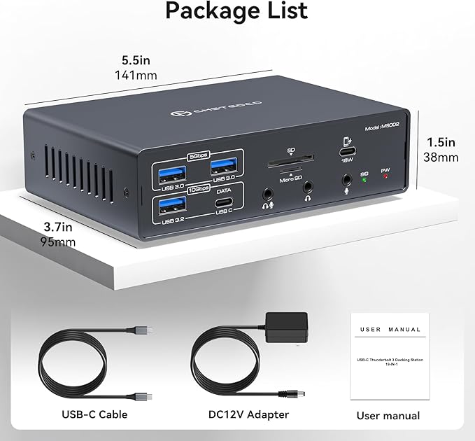 Thunderbolt Docking Station 4K@60Hz 3 Monitors for M1 M2 M3 M4 MacBook/Air with DisplayLink Technology,19-in-1 USB C Dock with 2 HDMI & 2 DisplayPort,PD 100W/USB 3.2 10G USB/Ethernet/Card Readers