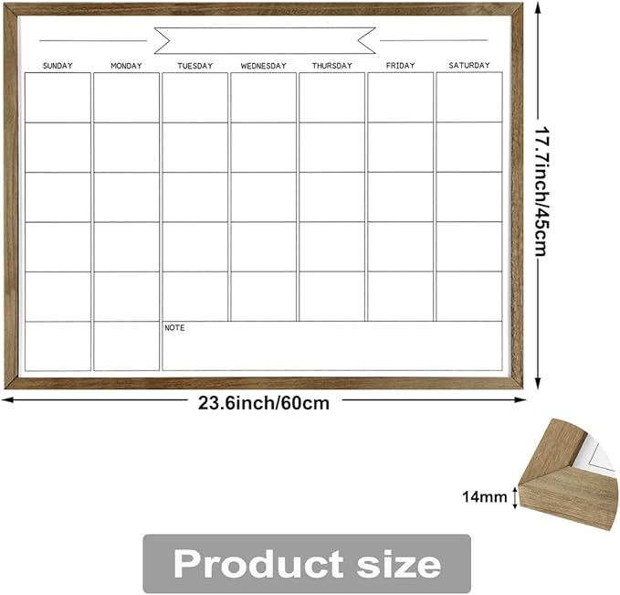TORASO Dry Erase Monthly Calendar Whiteboard, Magnetic White Board for Wall, Office/School/Home, Solid Wood Frame Hanging Board for Decoration/Kitchen Grocery List,17.7"x 23.6"(YL-RB-4560-B)