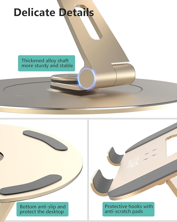 Ultra-Stable Aluminumy Laptop Stand for Desk with Foldable Phone Holder, 300% Large Base Stability, Anti-Loosening, Printer Stand Suitable for 10"-17.3" Laptops, Champagne Golden