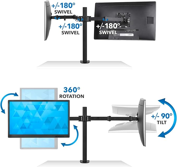 Mount-It! Dual Monitor Mount | Double Monitor Desk Stand | Interchangeable C-Clamp and Grommet Base | Two Heavy Duty Height Adjustable Arms Fit 2 Computer Screens 19 21.5 24 27 32 Inches | VESA 75 100