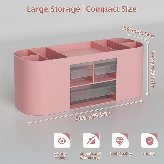 Marbrasse Desk Organizer Pen Holder for Desk with 3 Drawers, Multi-Functional Pencil Holder, Desk Organizers and Accessories with 7 Compartments for Home, School, Classroom(Pink)