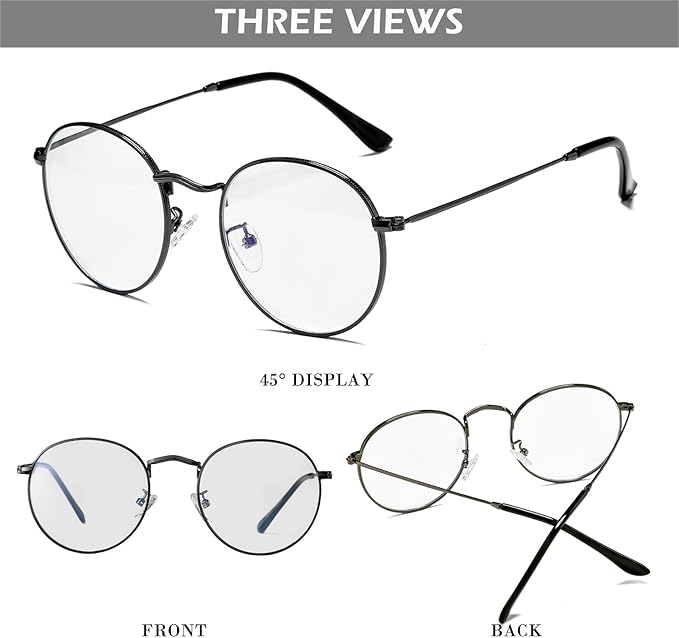 HJSTES Round Blue Light Glasses for Women Men Retro Circle Clear Lens Metal Frame Eyeglasses