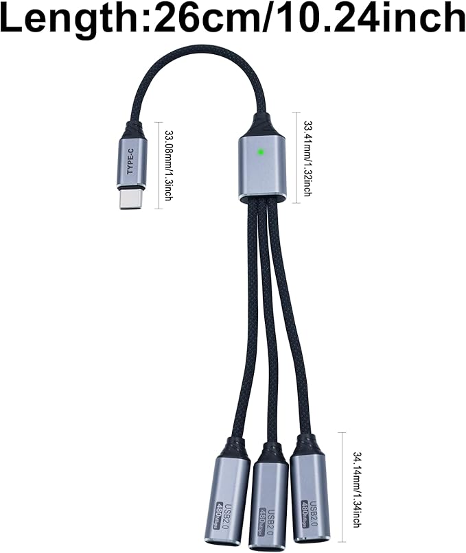 Danfetsoy USB C Splitter 1 in 3 Out, Multi USB C Splitter Cable, Type C Male to 3 Female Nylon Braided Cable Support 480Mbps Transfer Data and Charging for Android Tablets, MacBook, Keyboards, 25cm