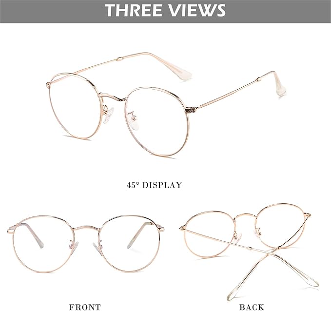 HJSTES Round Blue Light Glasses for Women Men Retro Circle Clear Lens Metal Frame Eyeglasses