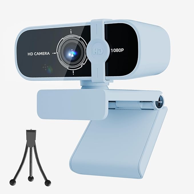 C28 1080P Webcam with Privacy Cover and Tripod Stand, PC Camera with Noise-Canceling Mic, Auto Light Correction,Plug and Play, Web Camera for Streaming, Zoom/Skype/Facetime/YouTube,Blue