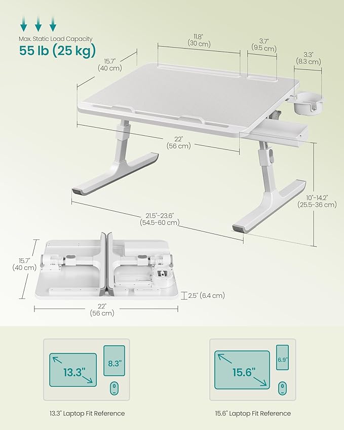 SONGMICS Bed Laptop Desk, Foldable Bed Desk for Laptop, 15.7 x 22 Inches Large Desktop, 120° Stepless Tilt, Adjustable Height, Cup Holder, Tray, Portable Bed Sofa Table, Gray ULLD113GZ01