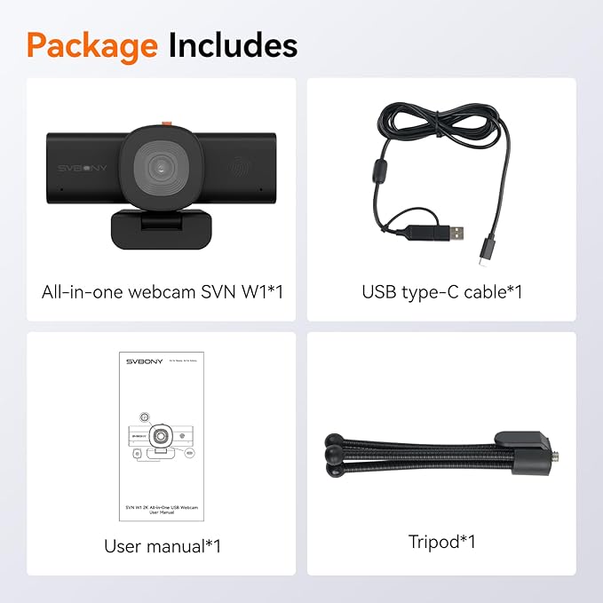 SVBONY 2K Webcam for PC, Computer Camera with Low-Light 3D Noise Reduction&Dual AI-Noise Canceling Mics, Web Cam with Privacy Cover, USB A-to-C, Plug&Play PC Camera for Video Calling,Teams,Streaming