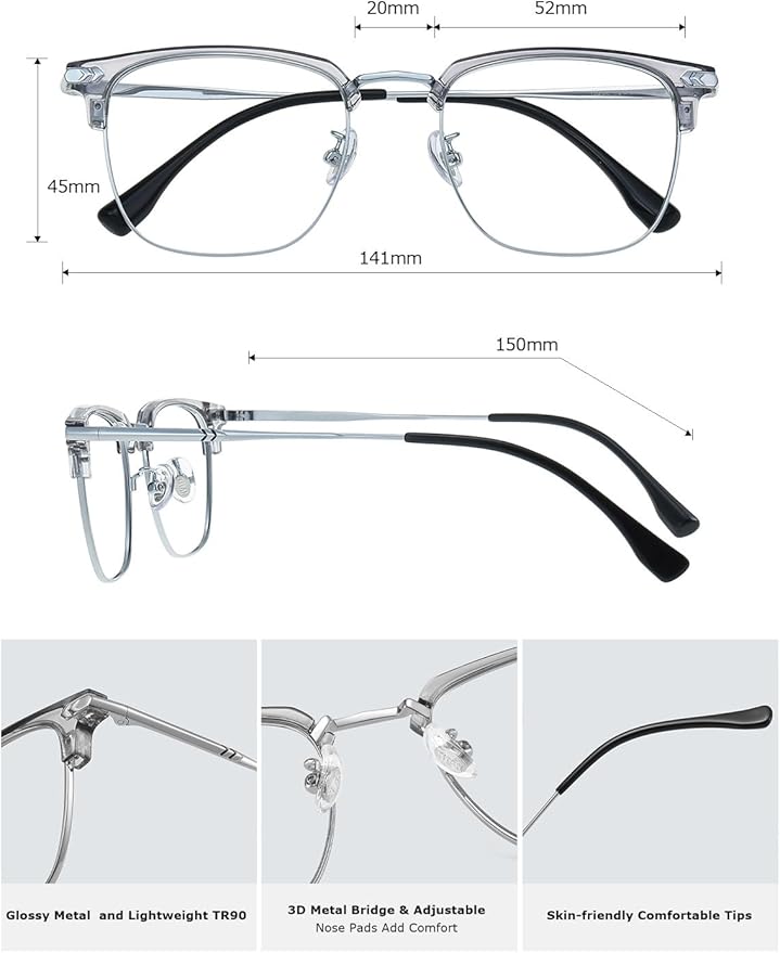 Blue Blocker Glasses for Men Metal Browline Computer Gaming Glasses Filter Blue Ray