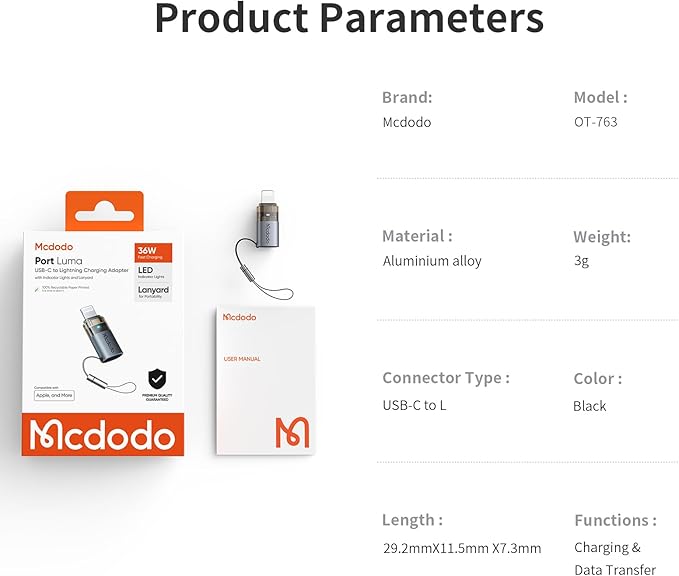 mcdodo 36W USB-C to Lightning Adapter with Lanyard, Type-C to Lightning Adapter PD Fast Charging for iPhone/AirPods/Original MacBook, Support Charging&Data Transmission