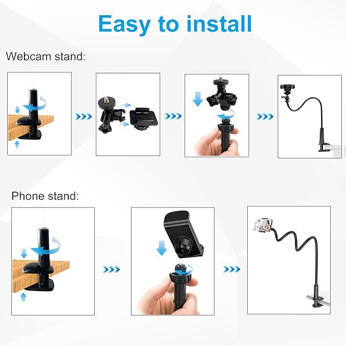 Webcam Stand for Desk, Flexible Gooseneck Webcam Mount Holder Arm with Phone Holder, Web Cam Stand Computer Camera Desk Mount for Logitech C922 C930e C920S C920 C615 C960 C920x BRIO 4K NexiGo N60
