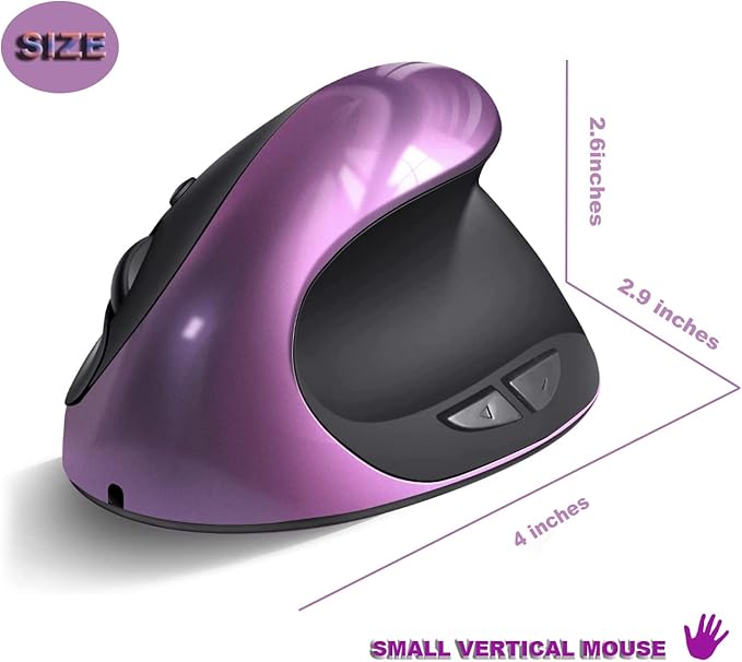 Ergonomic Mouse,Rechargeable Small Vertical Mouse with 6 Buttons Adjustable 800/1200/1600 DPI Purple Wireless Mouse for Laptop, Desktop, PC, MacBook