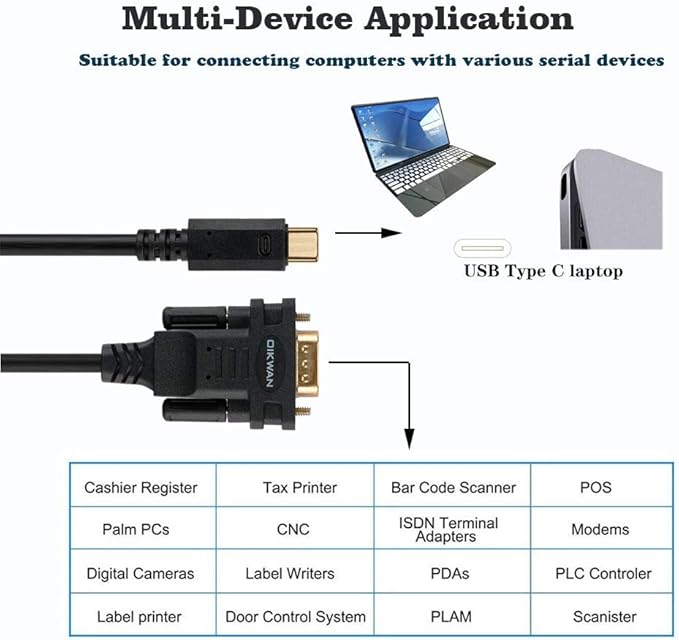 USB Type C to RS232 DB9 Serial Port Adapter Cable, FTDI Chipset, Supports Windows 11, 10, 8, 7 and Mac Linux