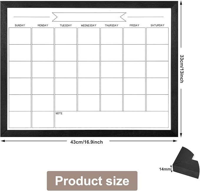 Dry Erase Monthly Calendar Whiteboard, Magnetic White Board for Wall, Hanging Board for Office, Home School, Solid Pine Wood Black Framed Message Board, 13"x 17"(YL-BK-3343-B)