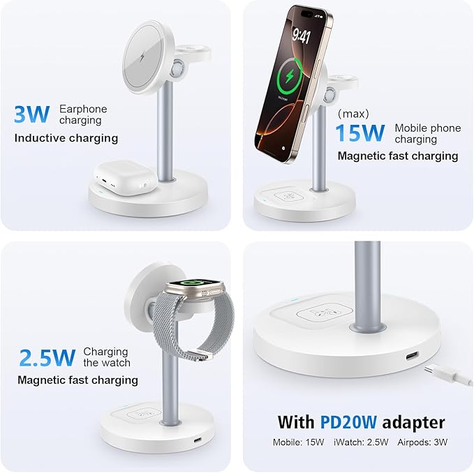 3 in 1 Magnetic Wireless Charging Station, 15W Fast Charger Stand for iPhone, Phone Charger Stand for Desk Nightstand, Compatible with iPhone 17/16/15/14, Apple Watch & AirPods, Adapter Not Included