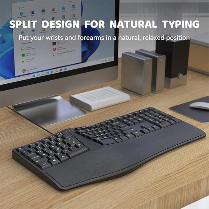SurnQiee Ergonomic Keyboard Wired with Cushioned Wrist Rest, 110 Keys Split Keyboard for PC (Black)