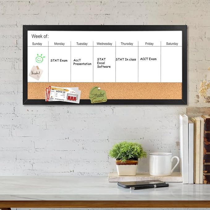 Magnetic Weekly Dry Erase White Board and Cork Board, Black Wood Frame,Magnetic Surface Whiteboard for Home Office and Wall Decor(ZHZL-3060BK)
