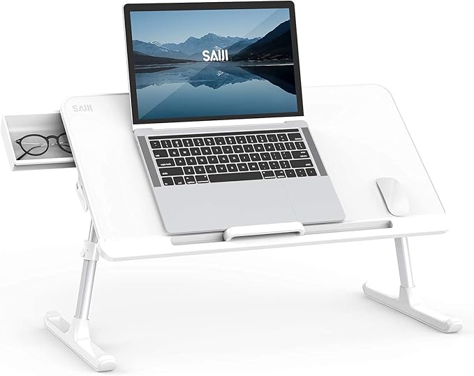SAIJI Laptop Bed Tray Table, Adjustable PVC Leather Laptop Bed Table, Portable Standing Desk with Storage Drawer, Foldable Lap Tablet Table for Sofa Couch Floor (Large,White)