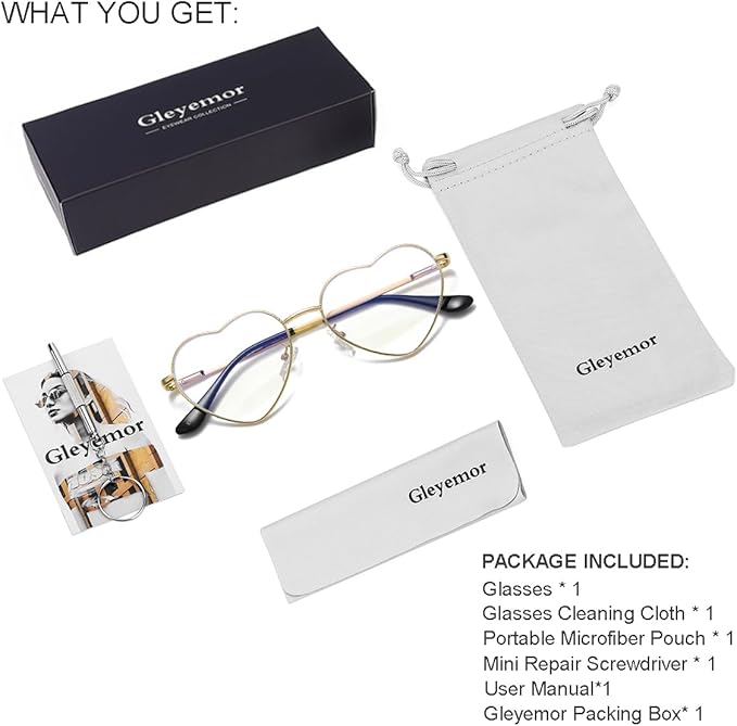 Gleyemor Heart Shaped Blue Light Glasses for Women Cute Computer Glasses