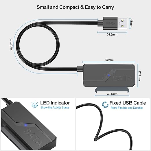 SATA to USB Adapter with Power, USB 3.0 to SATA III Internal Hard Drive Reader for 2.5"SSD/3.5"HDD Up to 20TB Converter Cable with 12V DC Adapter Supply Support UASP Seagate WD Hitachi Toshiba