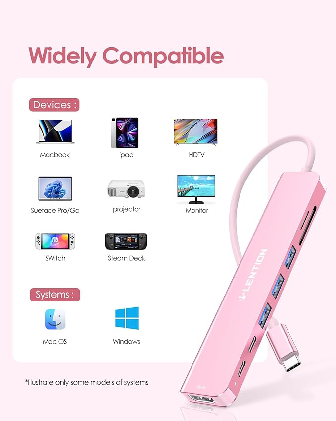 LENTION 8-in-1 USB-C Hub with 4K 60Hz HDMI, 100W Power Delivery, 5Gbps USB C Data, 3 USB 3.0 and microSD & SD Card Reader for 2025-2016 MacBook Pro, New Mac Air/Surface, More (CB-CE18s, Rose Gold)